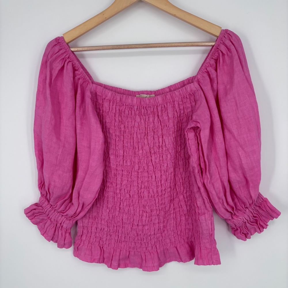 Sofia Smocked Linen Top Womens One Size Pink Balloon Sleeve Made in Italy